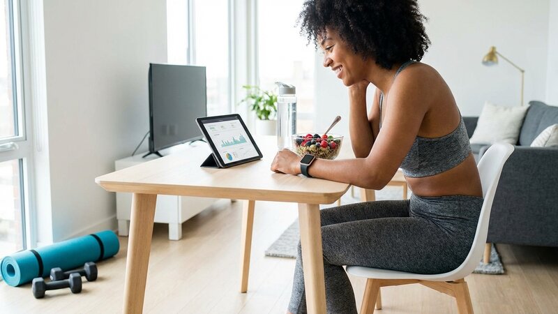 Person checking fitness progress with healthy food and workout gear