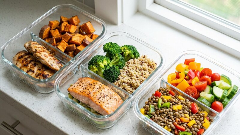 Meal prep containers with balanced healthy portions