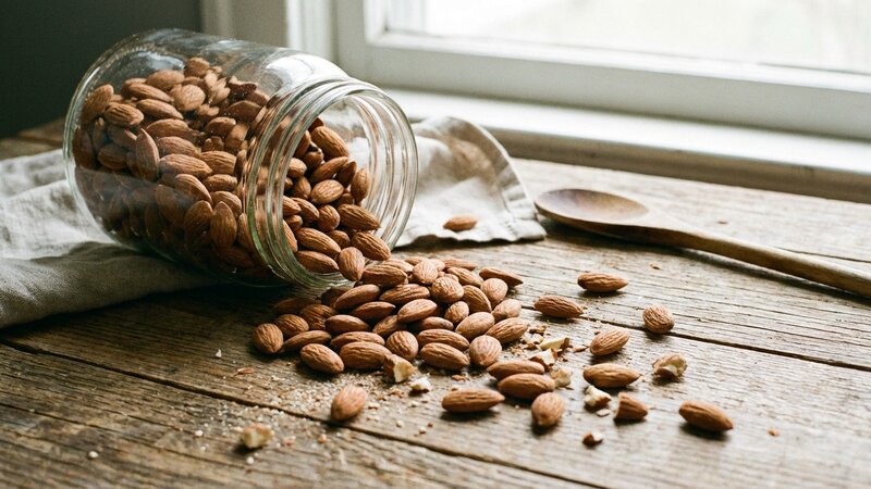Raw almonds spilling from a jar onto a wooden surface