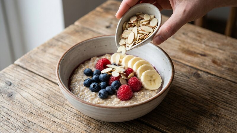 Almonds being added to oatmeal with fruit