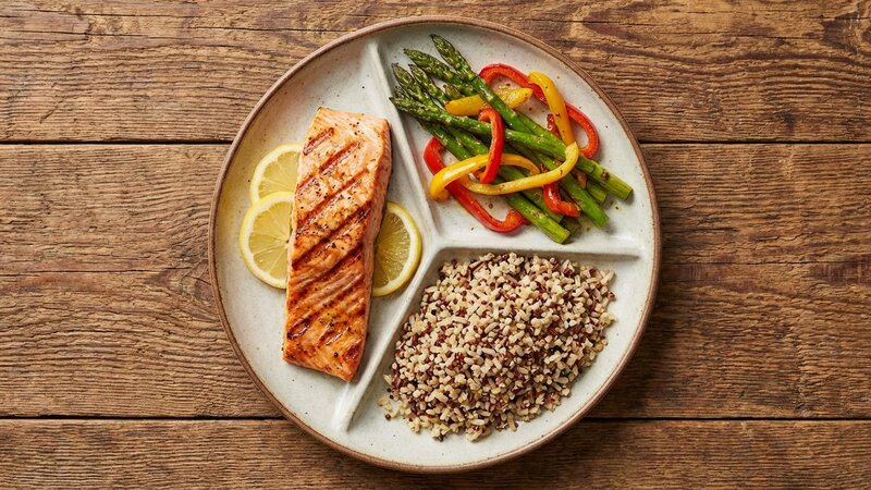 Balanced healthy plate with grilled protein, vegetables, and complex carbohydrates