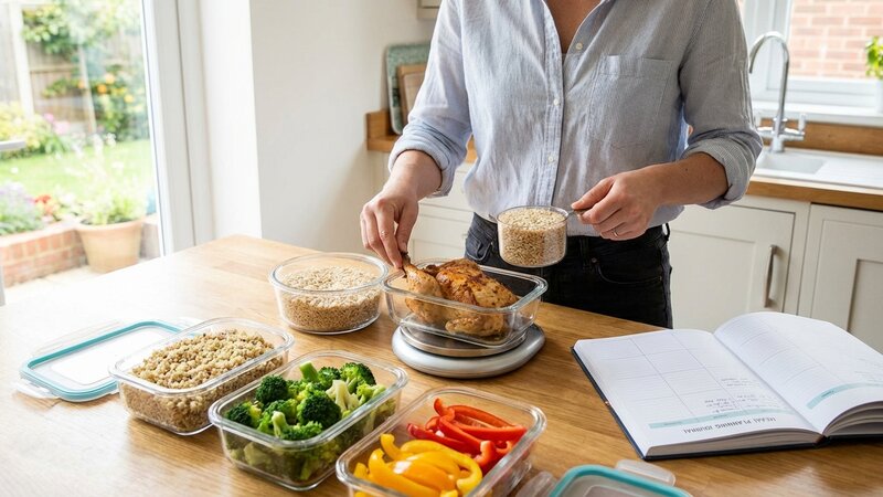 Person measuring portions of healthy food for meal planning