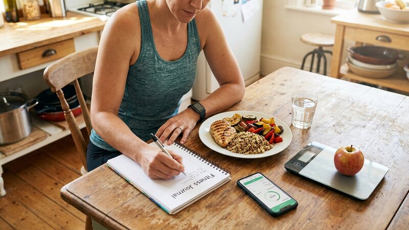 Person tracking nutrition and fitness progress with food and notebook