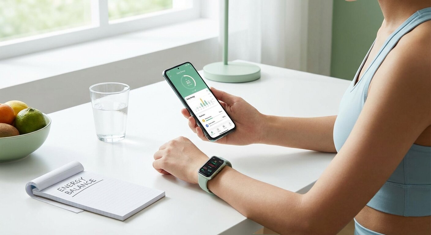 Person using fitness tracker and nutrition app to track daily energy expenditure