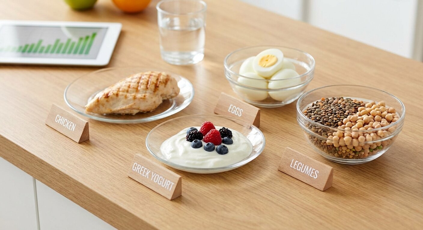 High-protein food sources including chicken, eggs, Greek yogurt, and legumes
