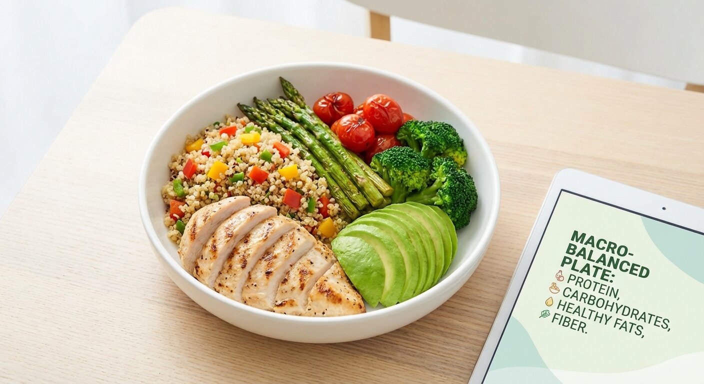 Macro-balanced meal with grilled chicken, quinoa, vegetables, and avocado