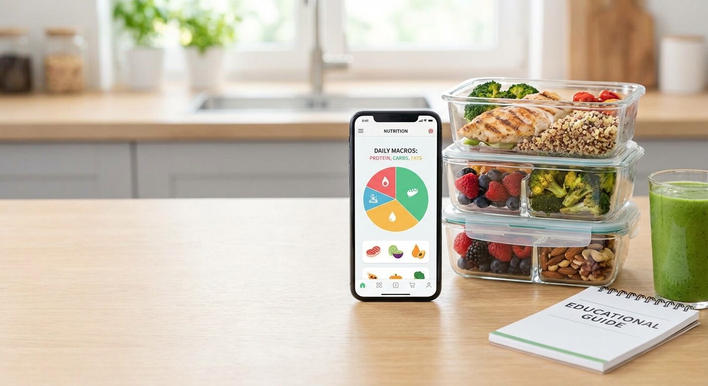Smartphone showing macro tracking app next to prepared meals in containers