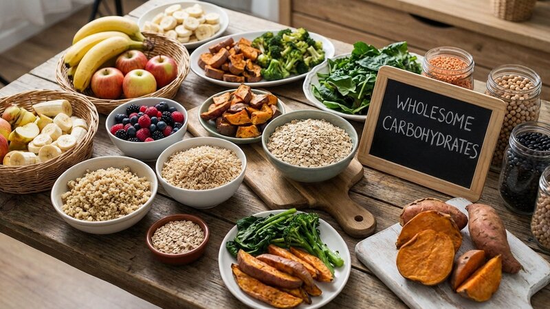 Variety of healthy carbohydrate sources including whole grains, fruits, vegetables and legumes
