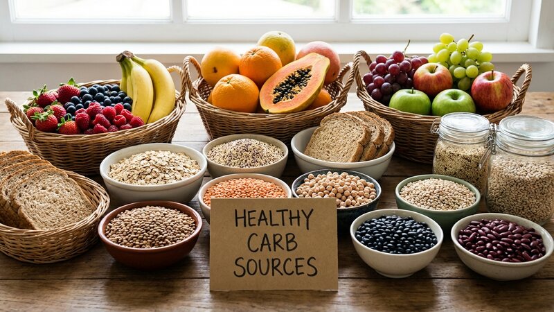 Fresh fruits, whole grains and legumes arranged as healthy carb sources