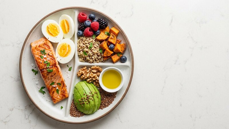 Balanced healthy foods representing protein, carbs, and fats on a clean background