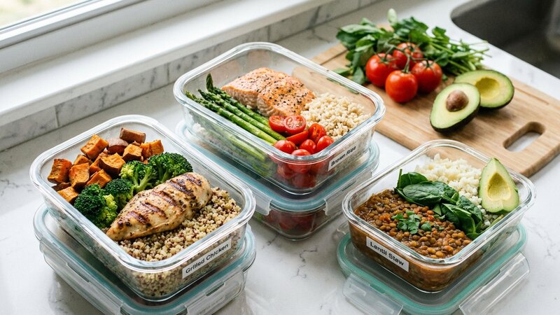 Meal prep containers with organized portions of healthy balanced meals