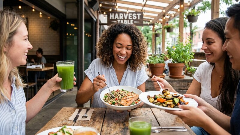 Person enjoying a healthy restaurant meal with friends