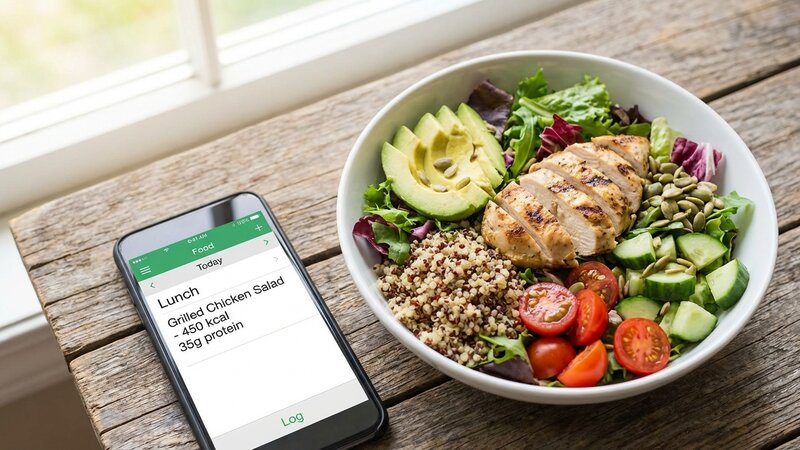 Smartphone with food tracking app next to a healthy salad