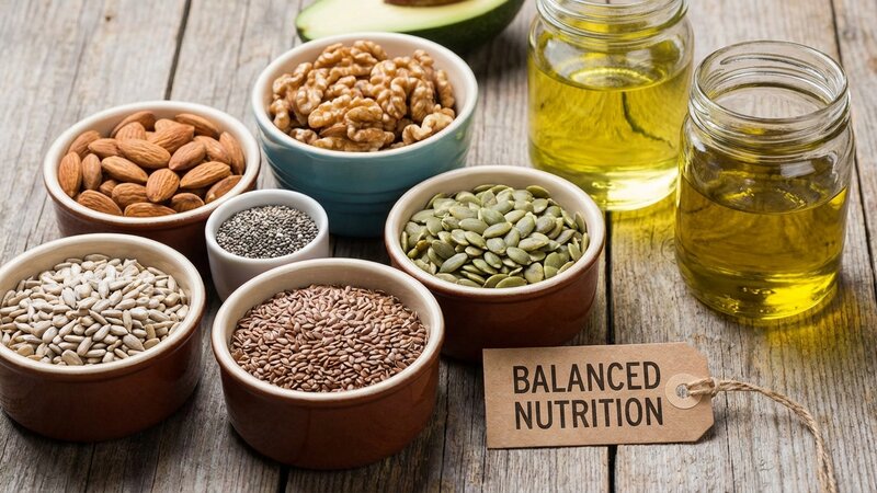 Variety of nuts, seeds and healthy oils in bowls for balanced nutrition