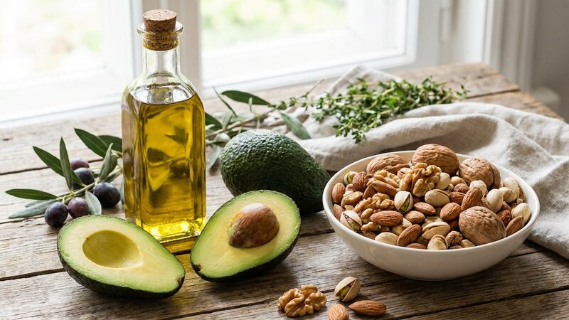 Selection of healthy fats including olive oil, avocados, and mixed nuts