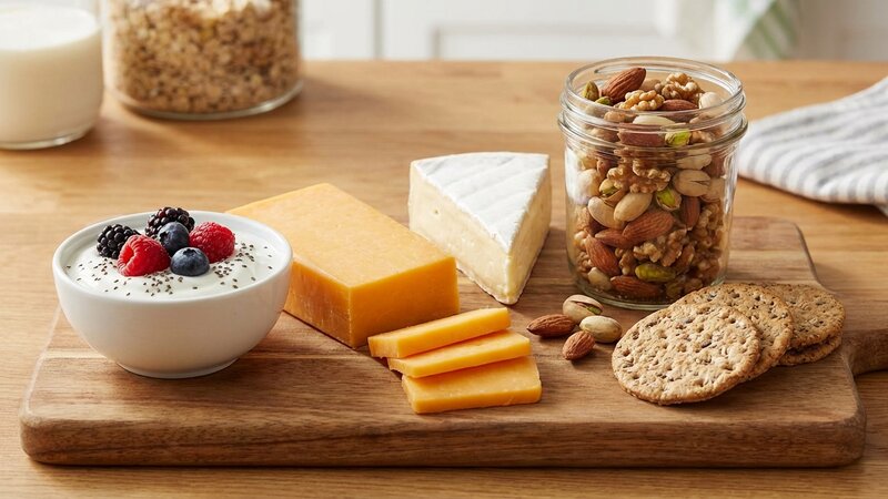 High protein snacks including Greek yogurt, cheese, and nuts