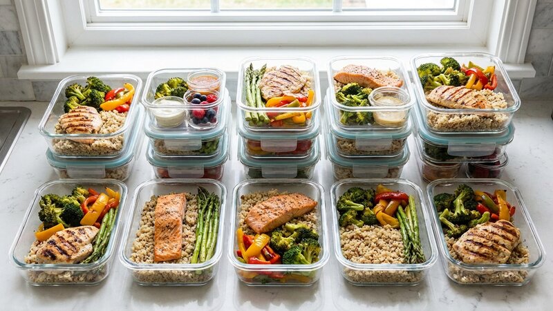 Organized meal prep containers with balanced portions of protein, vegetables and grains