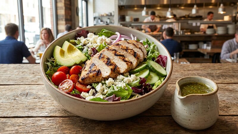 Healthy grilled chicken salad at a restaurant setting with dressing on the side