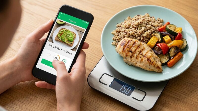 Person using smartphone food tracking app with digital food scale and healthy meal