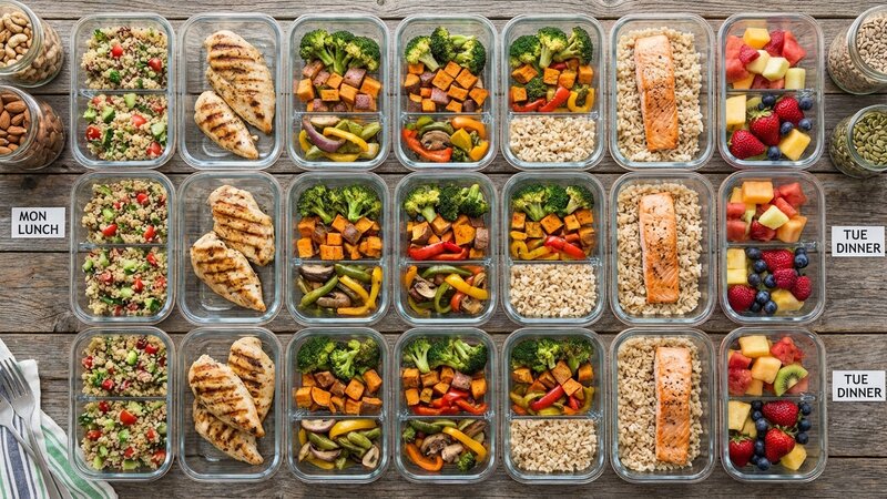 Overhead view of meal prep containers with organized healthy food portions