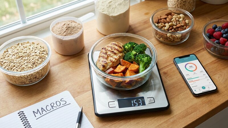 Digital kitchen scale weighing food with various ingredients for accurate macro tracking