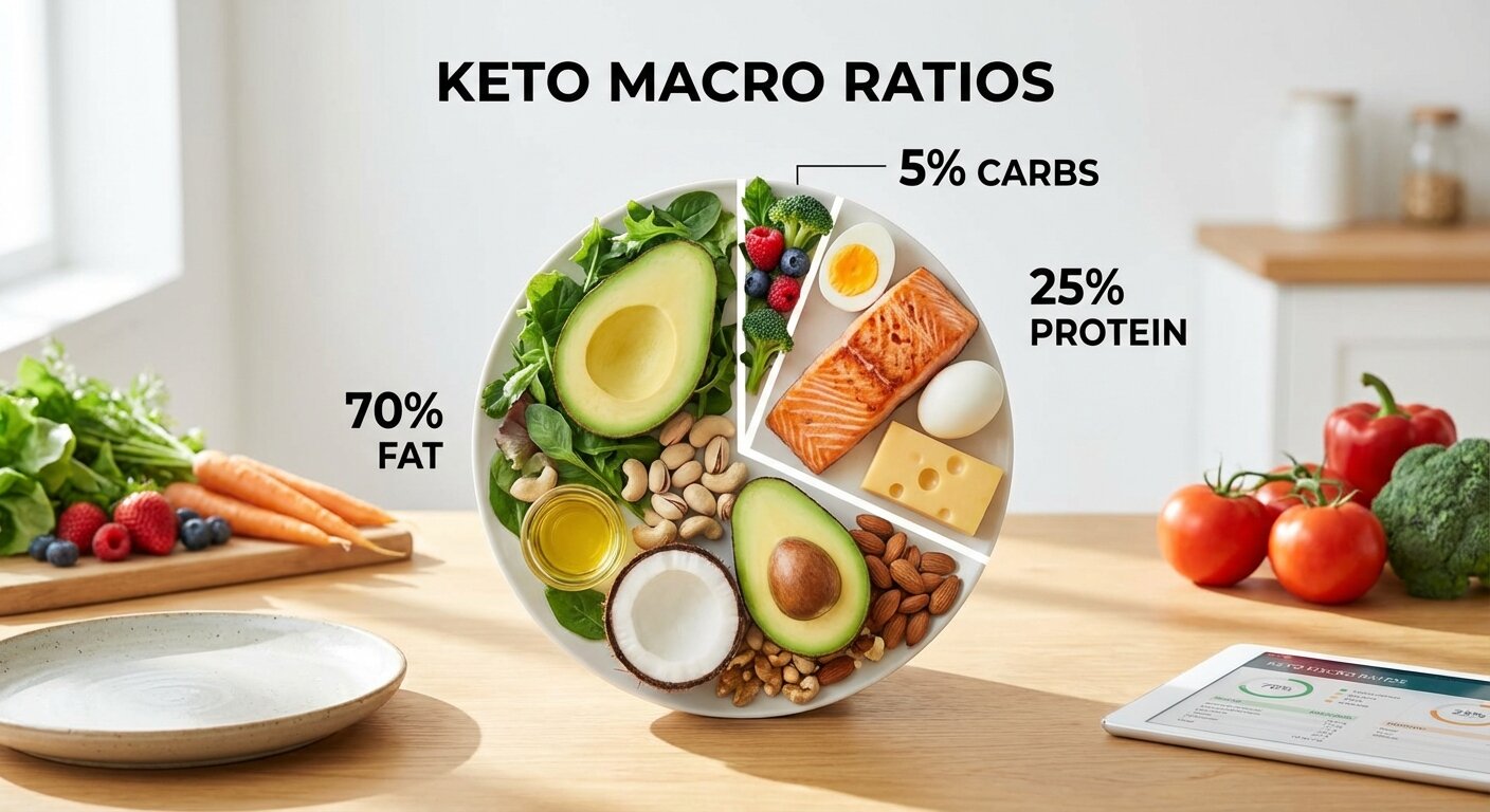 Keto food pyramid showing high-fat base, moderate protein middle, and low-carb top