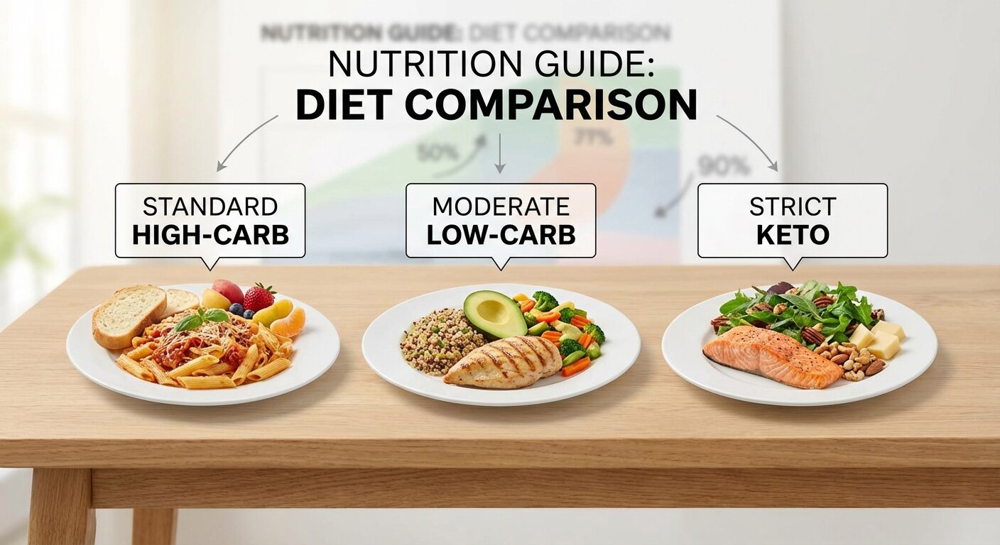 A comparison graphic showing three plates of food: a standard high-carb diet, a moderate low-carb diet, and a strict keto diet