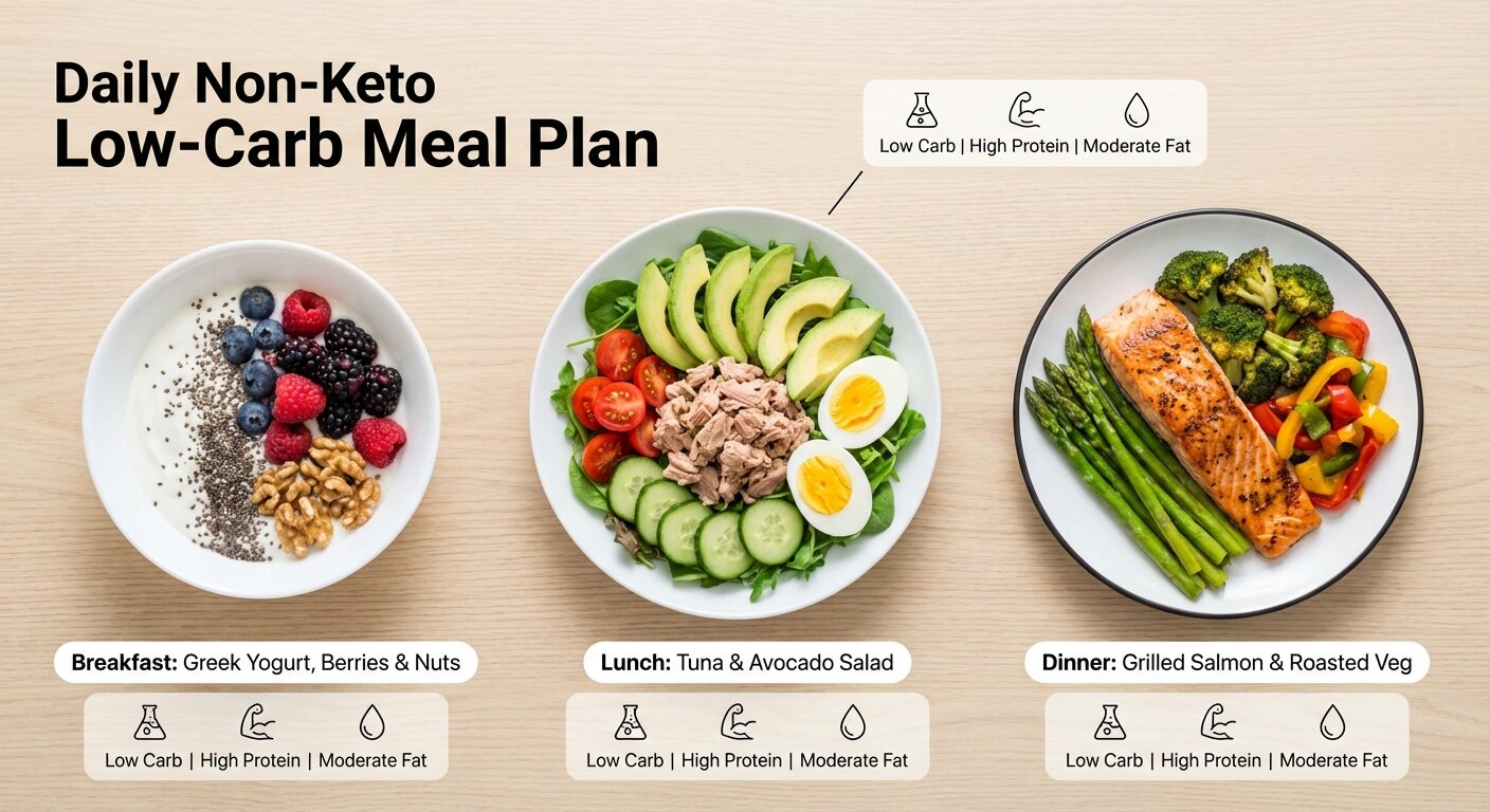 A sample daily meal plan for a non-keto low-carb diet, showing a variety of foods