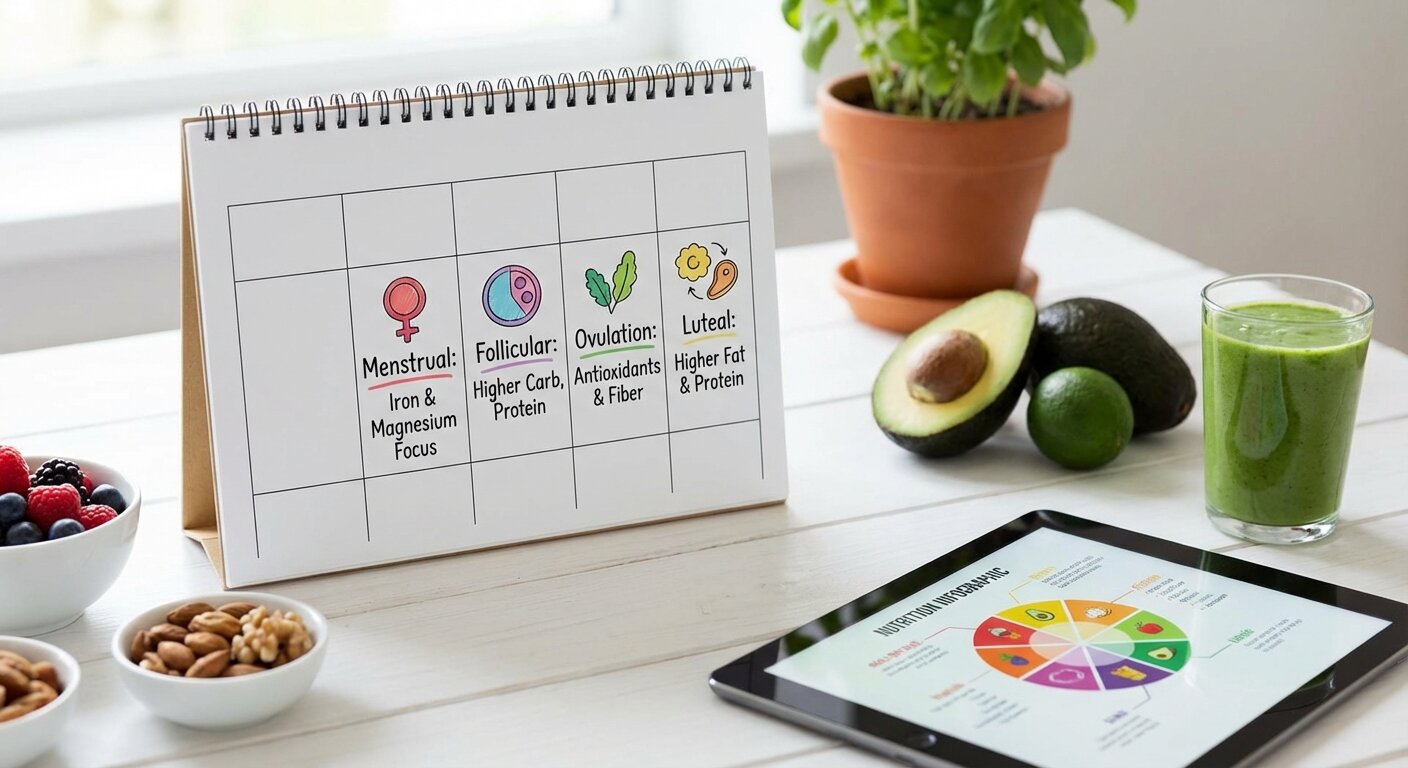 Calendar showing menstrual cycle phases and recommended macro adjustments