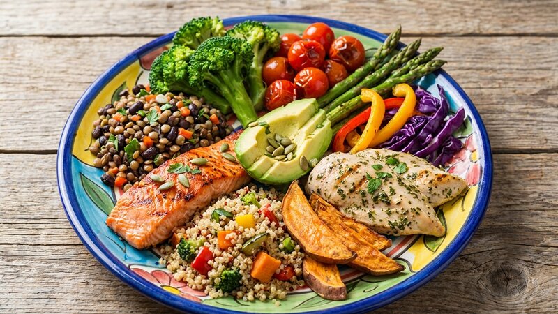 Balanced healthy meal with variety of protein, carbs, and vegetables
