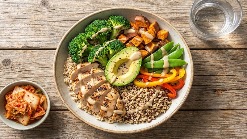 Healthy chicken rice bowl with broccoli and vegetables