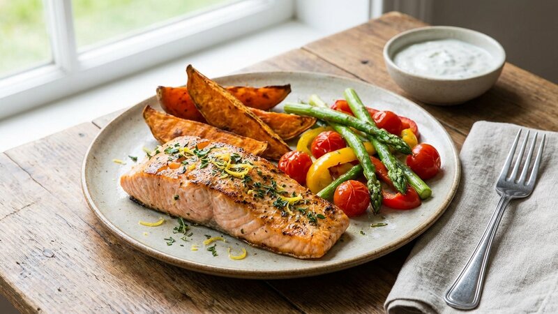Grilled salmon fillet with sweet potato and fresh vegetables