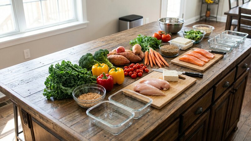 Fresh ingredients for healthy meal prep including vegetables and proteins