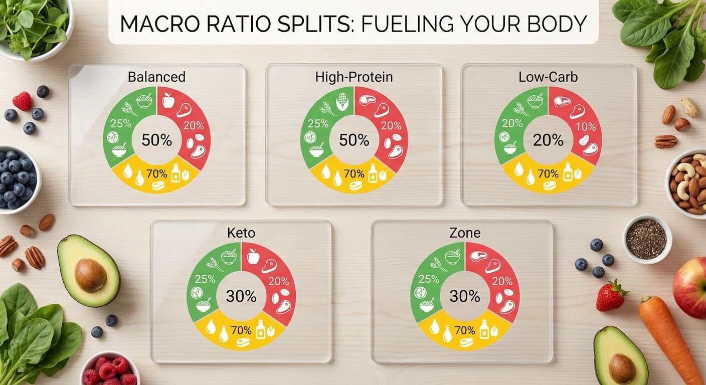 Infographic comparing the five macro ratio splits with visual pie charts