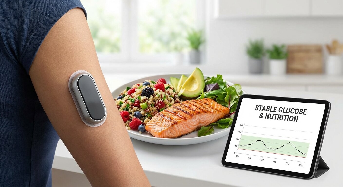 A continuous glucose monitor (CGM) on an arm, with a healthy meal in the background