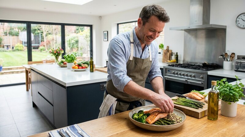 Man preparing a balanced healthy meal with protein and vegetables in a modern kitchen