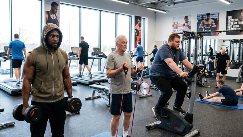 Diverse group of men at different fitness levels working out in a gym