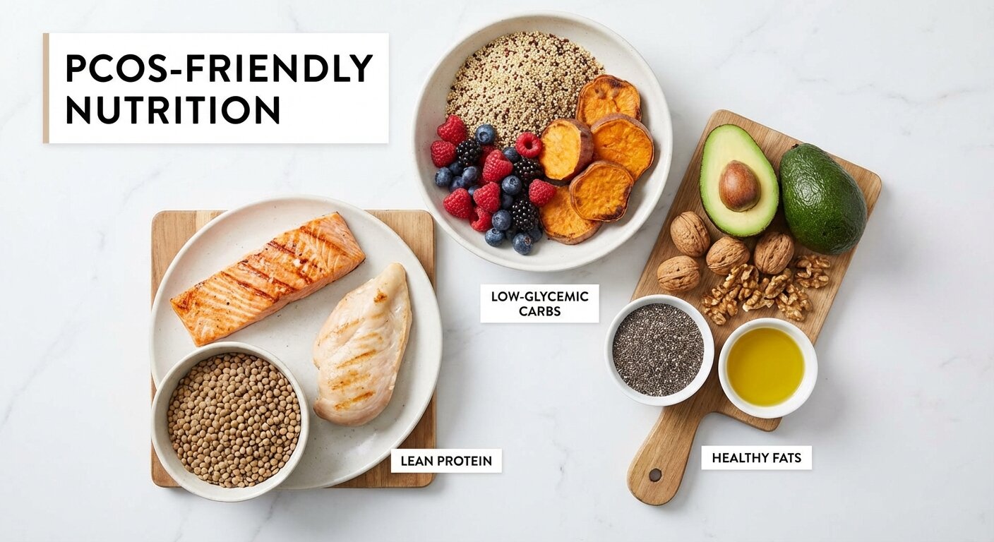 PCOS-friendly foods including lean protein, low-glycemic carbs, and healthy fats