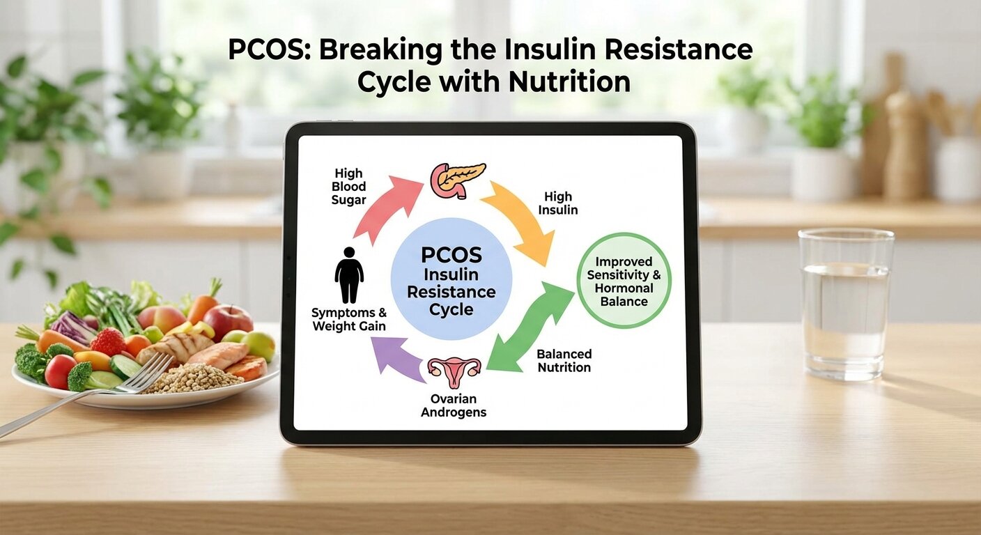 Diagram showing insulin resistance cycle in PCOS and how nutrition breaks the cycle