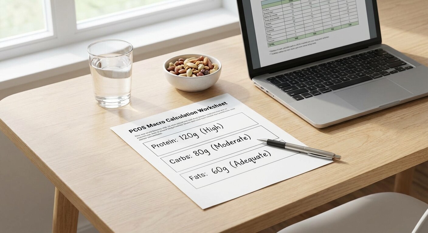 PCOS macro calculation worksheet showing high protein, moderate carbs, adequate fats