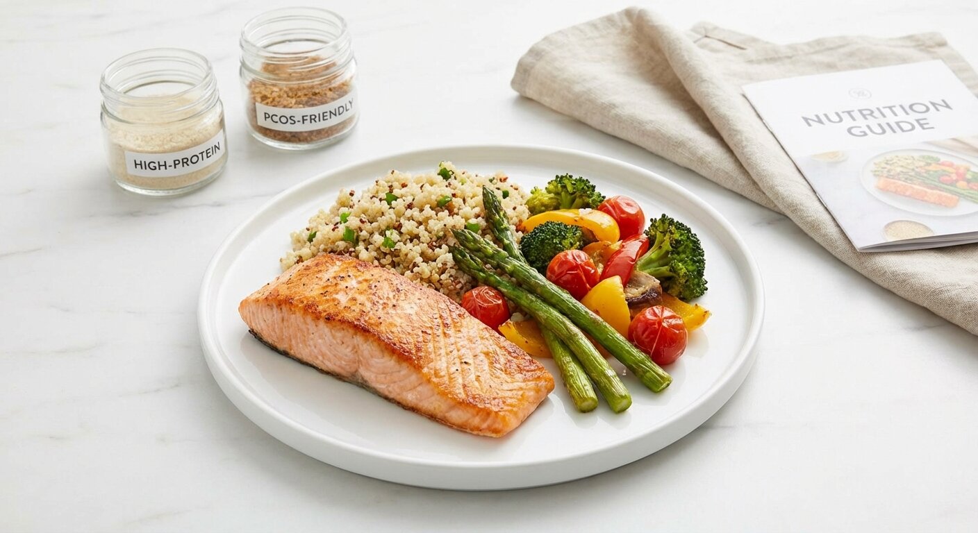 High-protein PCOS-friendly meal with salmon, quinoa, and vegetables