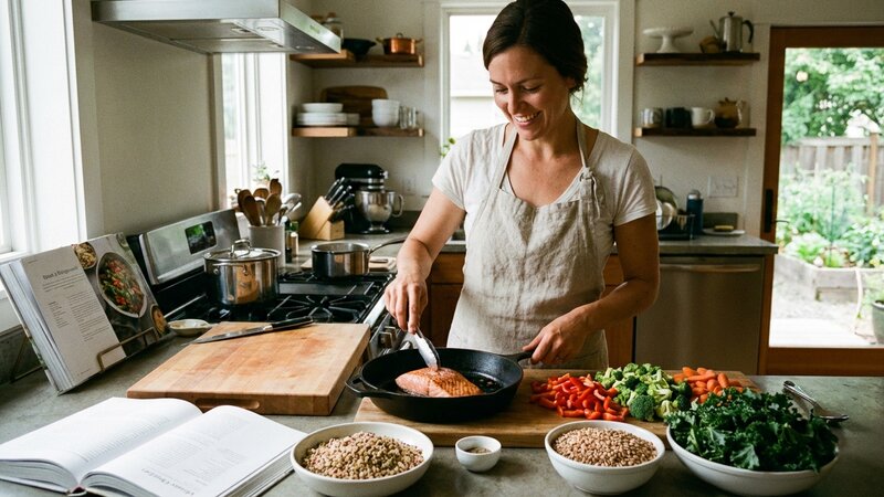 Woman preparing a colorful healthy meal with salmon, vegetables and whole grains