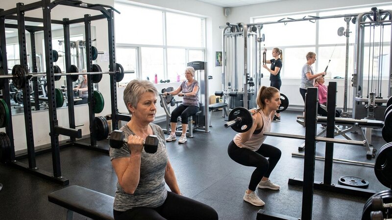 Women of different ages doing strength training exercises in a fitness setting