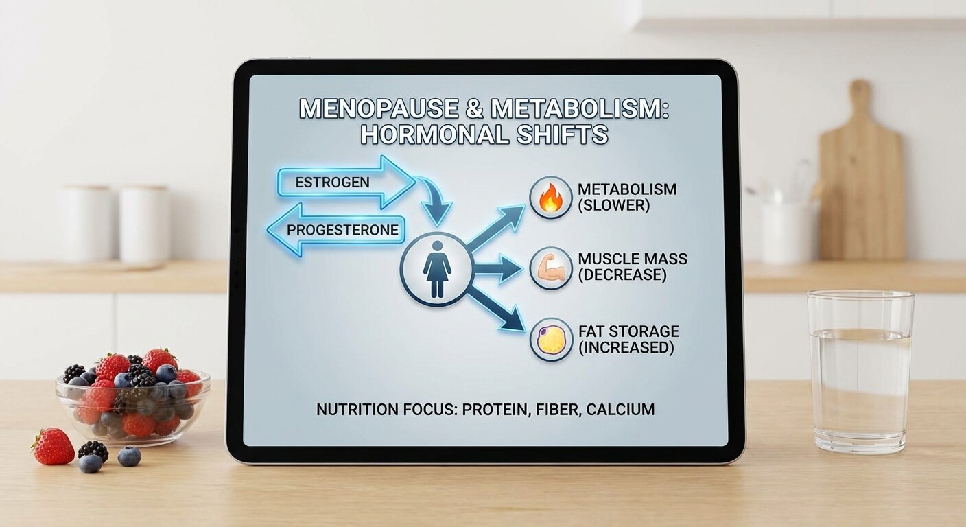 A diagram showing the hormonal changes during menopause and their effect on metabolism, muscle, and fat storage