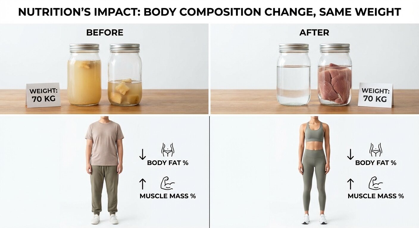 Before and after comparison showing difference in body composition with same weight
