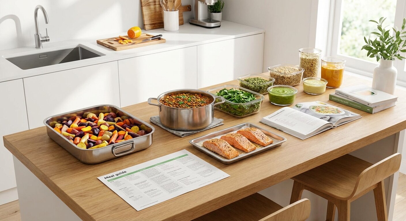 Batch cooking setup with multiple foods cooking simultaneously