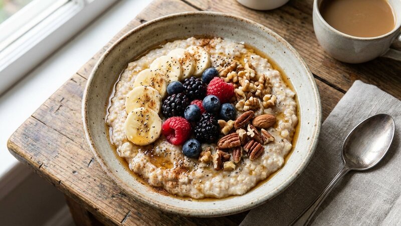 Oatmeal topped with sliced bananas, berries, and nuts