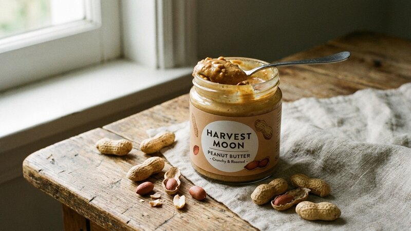 Jar of peanut butter with spoon and peanuts on wooden surface