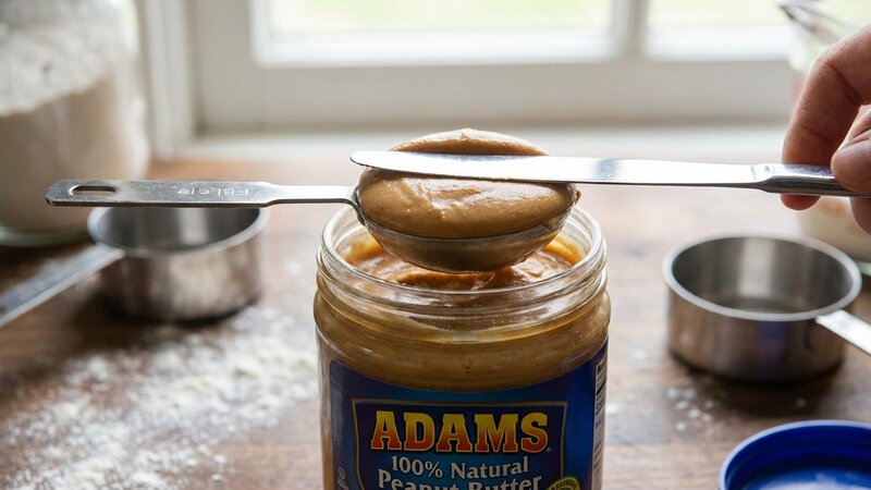Measuring peanut butter with a tablespoon showing proper level measurement