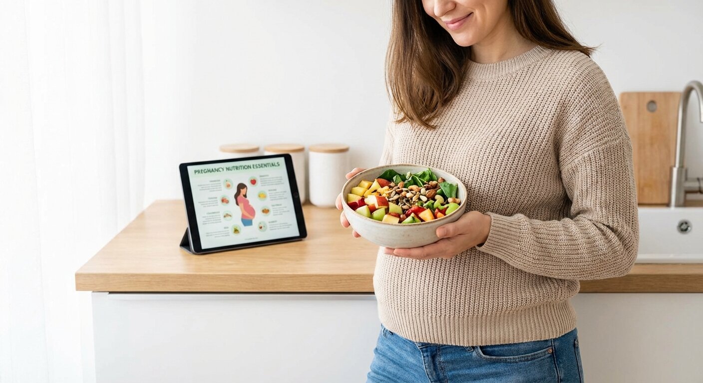 Pregnant woman holding her belly and a bowl of healthy, colorful food